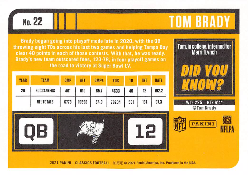 2021 Panini Classics Tom Brady Timeless Tributes Yellow #22 Tampa Bay Buccaneers