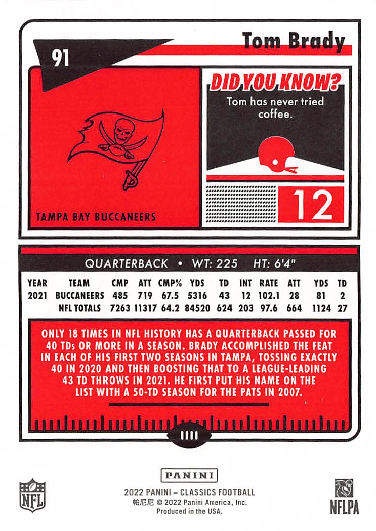 2022 Panini Classics Tom Brady /99 #91 Tampa Bay Buccaneers