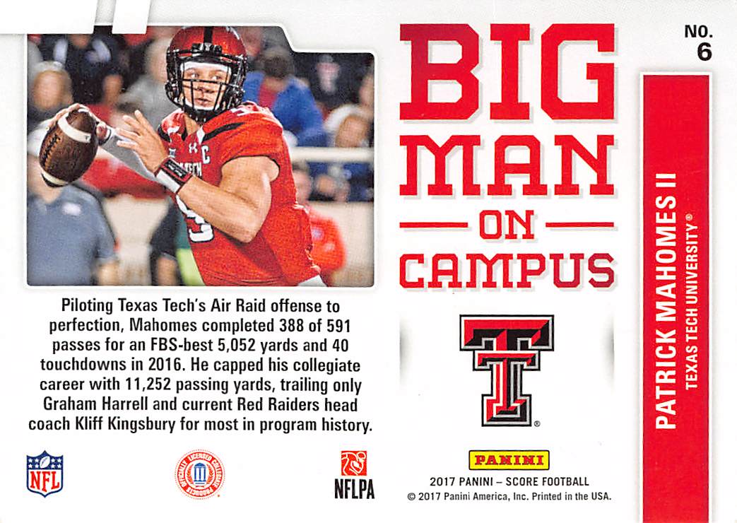 2017 Panini Score Patrick Mahomes II Big Man on Campus Rookie #6 Texas Tech