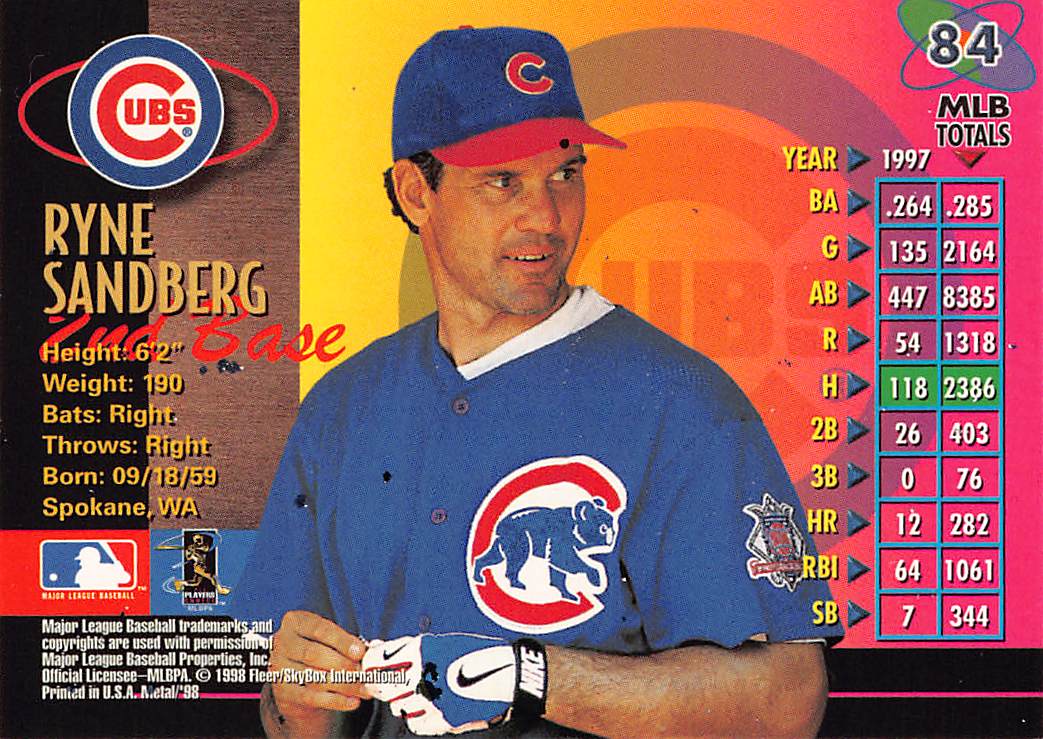 1998 Fleer Metal Universe Ryne Sandberg #84 Chicago Cubs