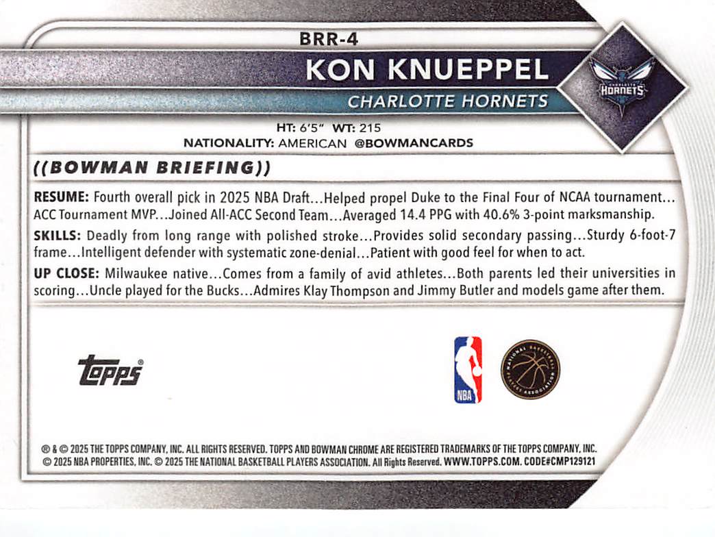 2025 Topps Bowman Chrome Kon Knueppel Red Rookie Rookie RC #BRR-4 Hornets