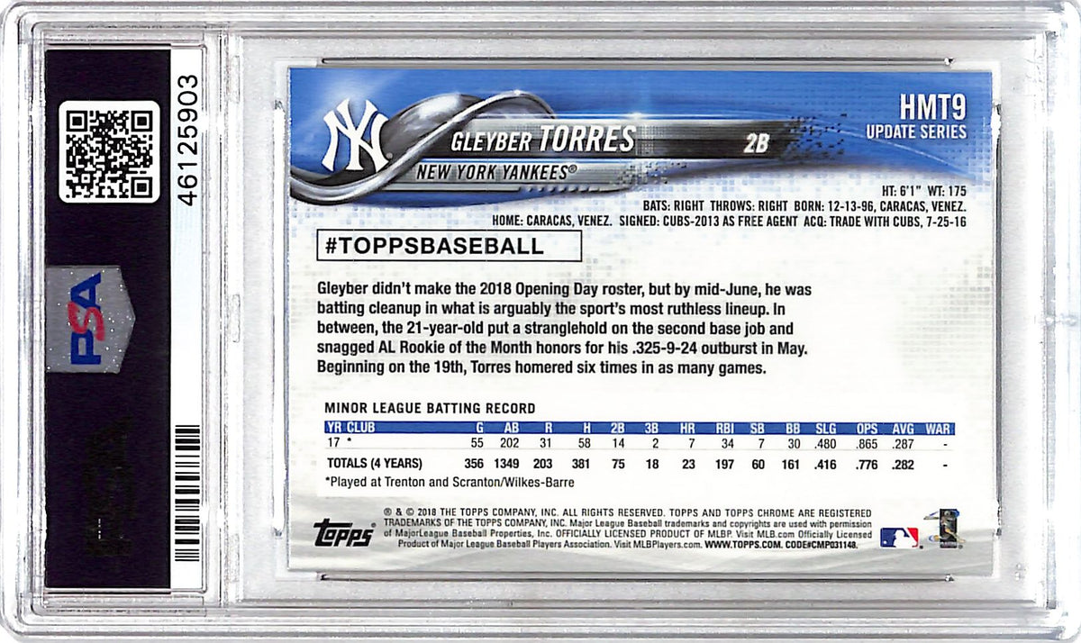 2018 Topps Chrome Update Gleyber Torres Rookie #HMT9 PSA 10 New York Yankees