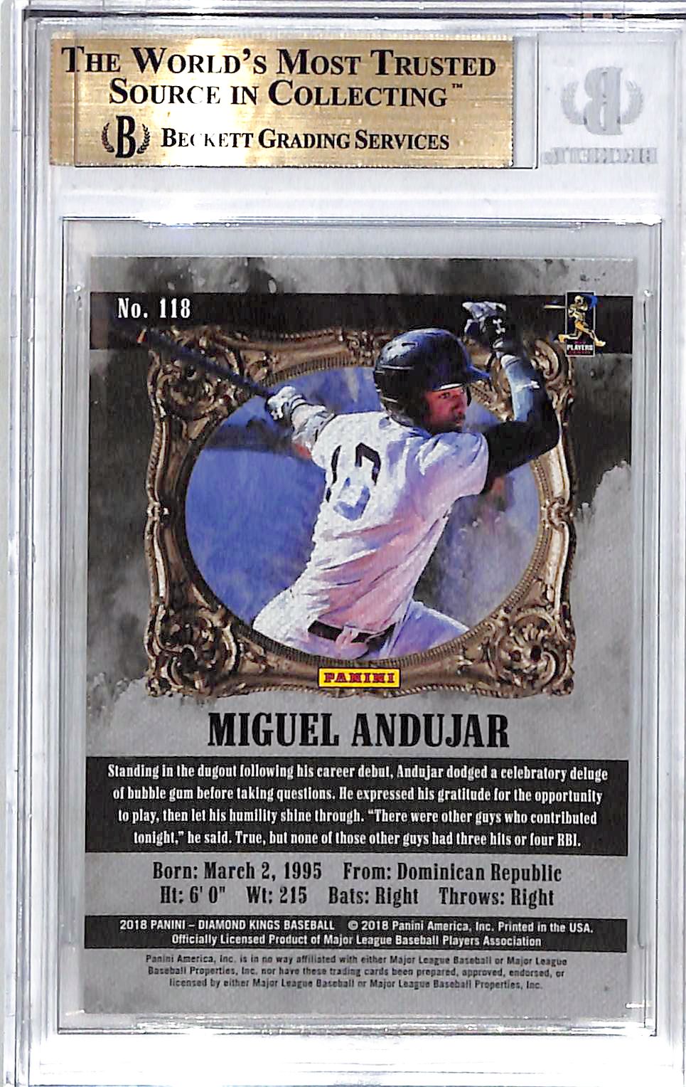 2018 Diamond Kings Black and White Variations Miguel Andujar #118 BGS 9.5