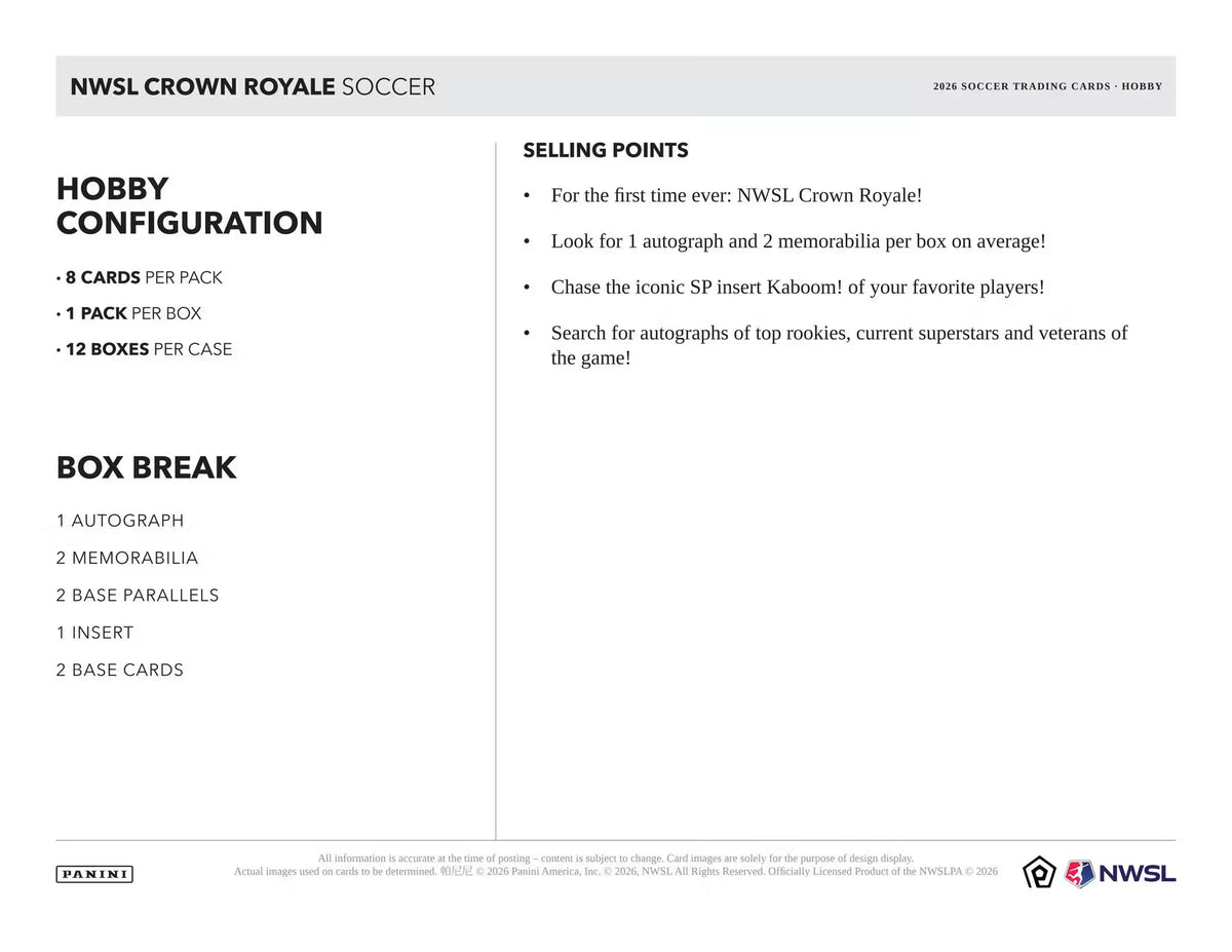 2026 Panini Crown Royale NWSL Soccer Hobby Box