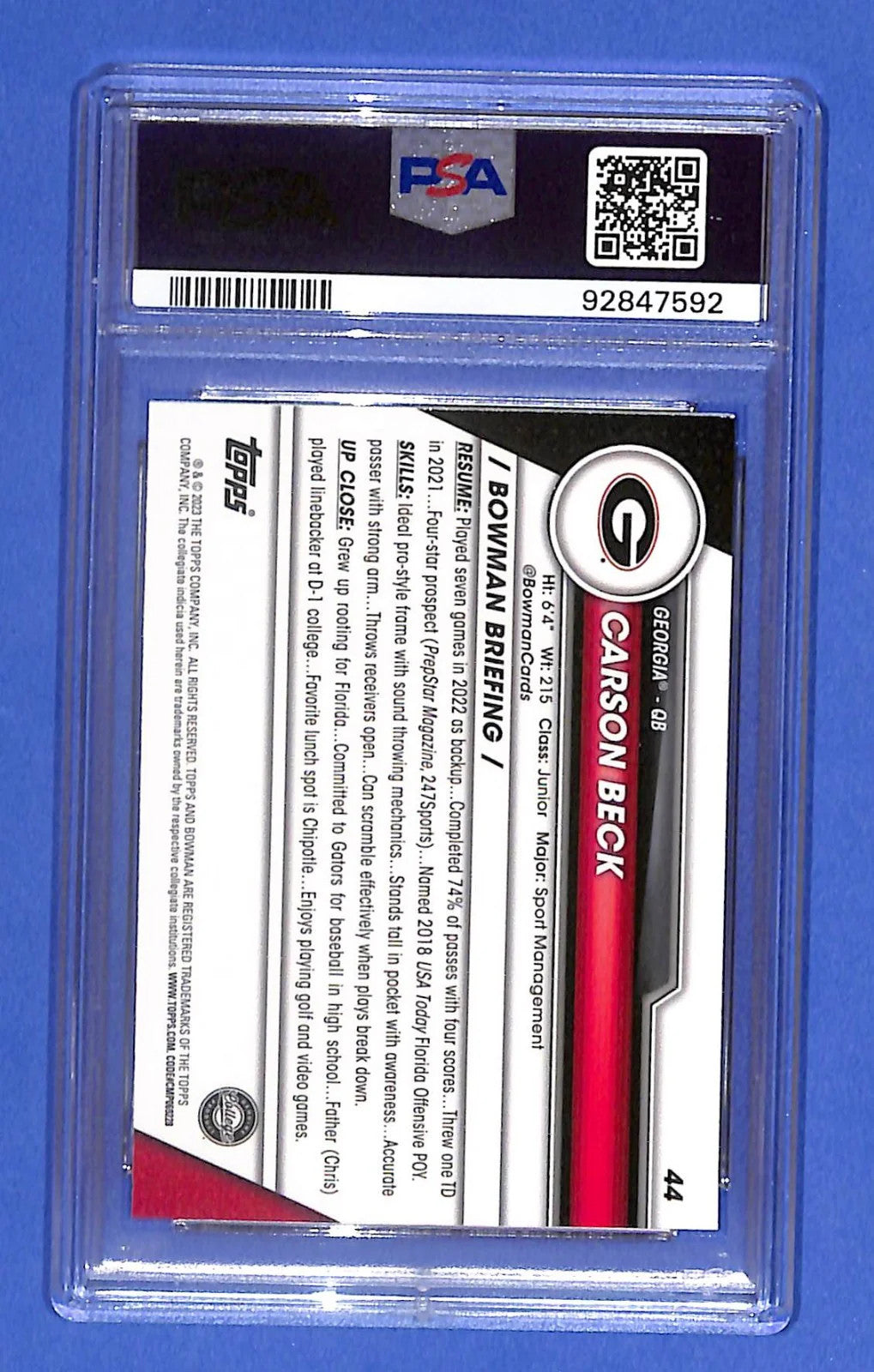 2023 Bowman University Chrome Sapphire Edition - Carson Beck #44 (RC) PSA 9
