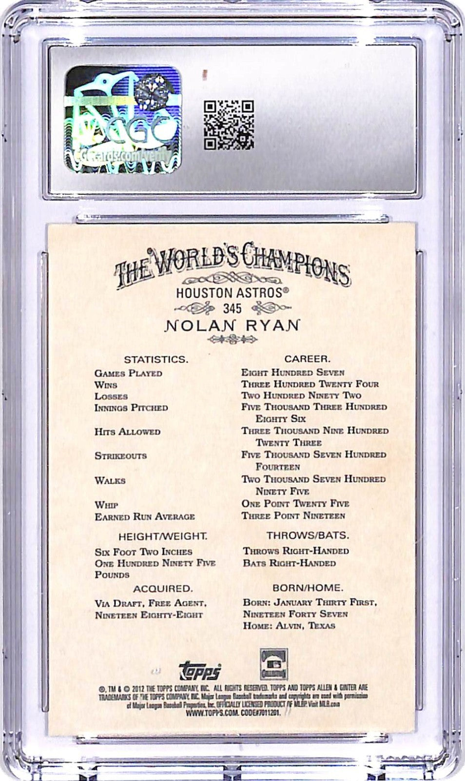 2012 Topps Allen and Ginter #345 CGC 9.5 Astros