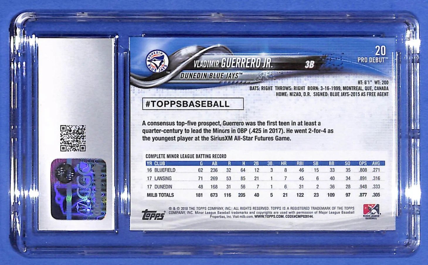 2018 Topps Pro Debut Vladimir Guerro Jr. #20 RC CGC 10 Gem Mint Blue Jays