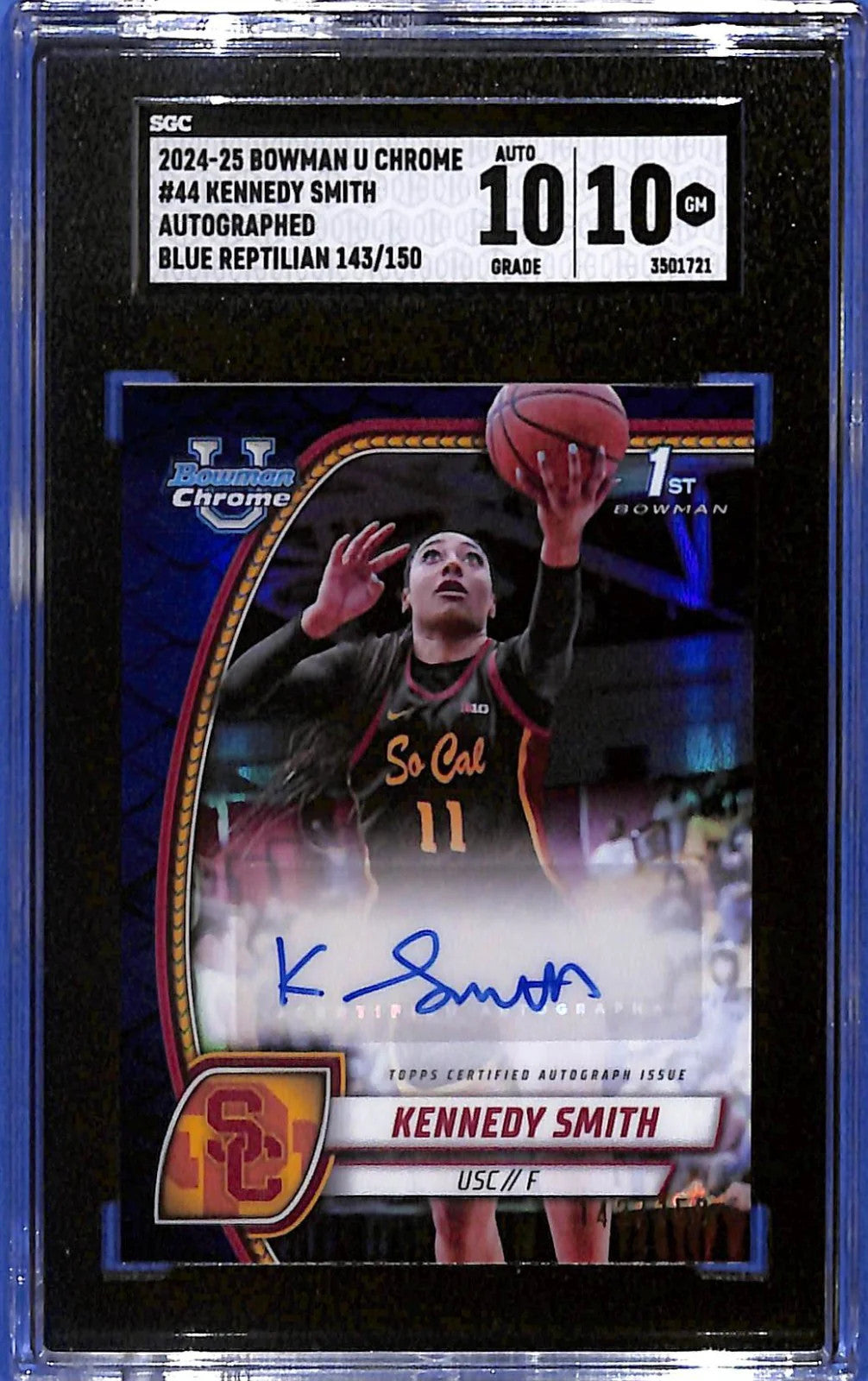 2024-25 Bowman University Chrome Kennedy Smith Auto Blue Reptilian #/150 SGC 10