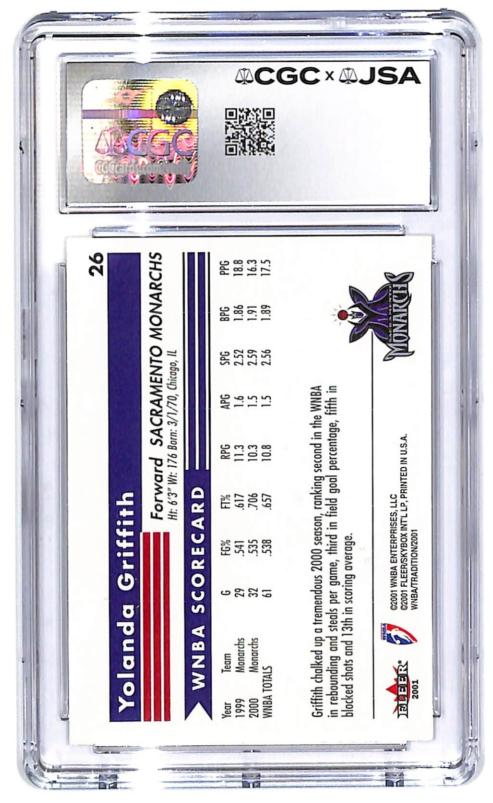 2001 Yolanda Griffith Fleer Tradition WNBA #26 CGC - JSA Authentic 9