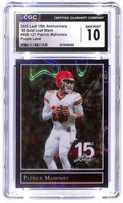 2025 Patrick Mahomes Leaf 15th An. '92 Gold Stars #92B-127 Purple Lava CGC 10