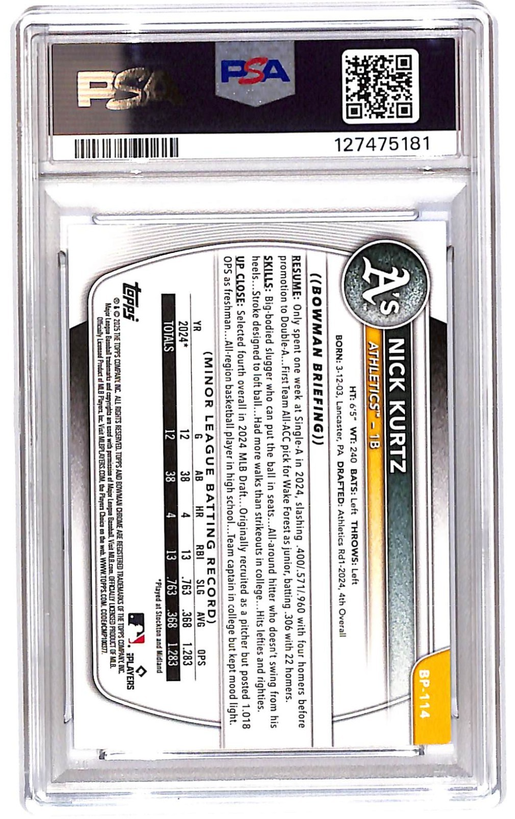 2025 Nick Kurtz Bowman Paper Prospect Blue Pattern -BP-114 #106/125 PSA 9