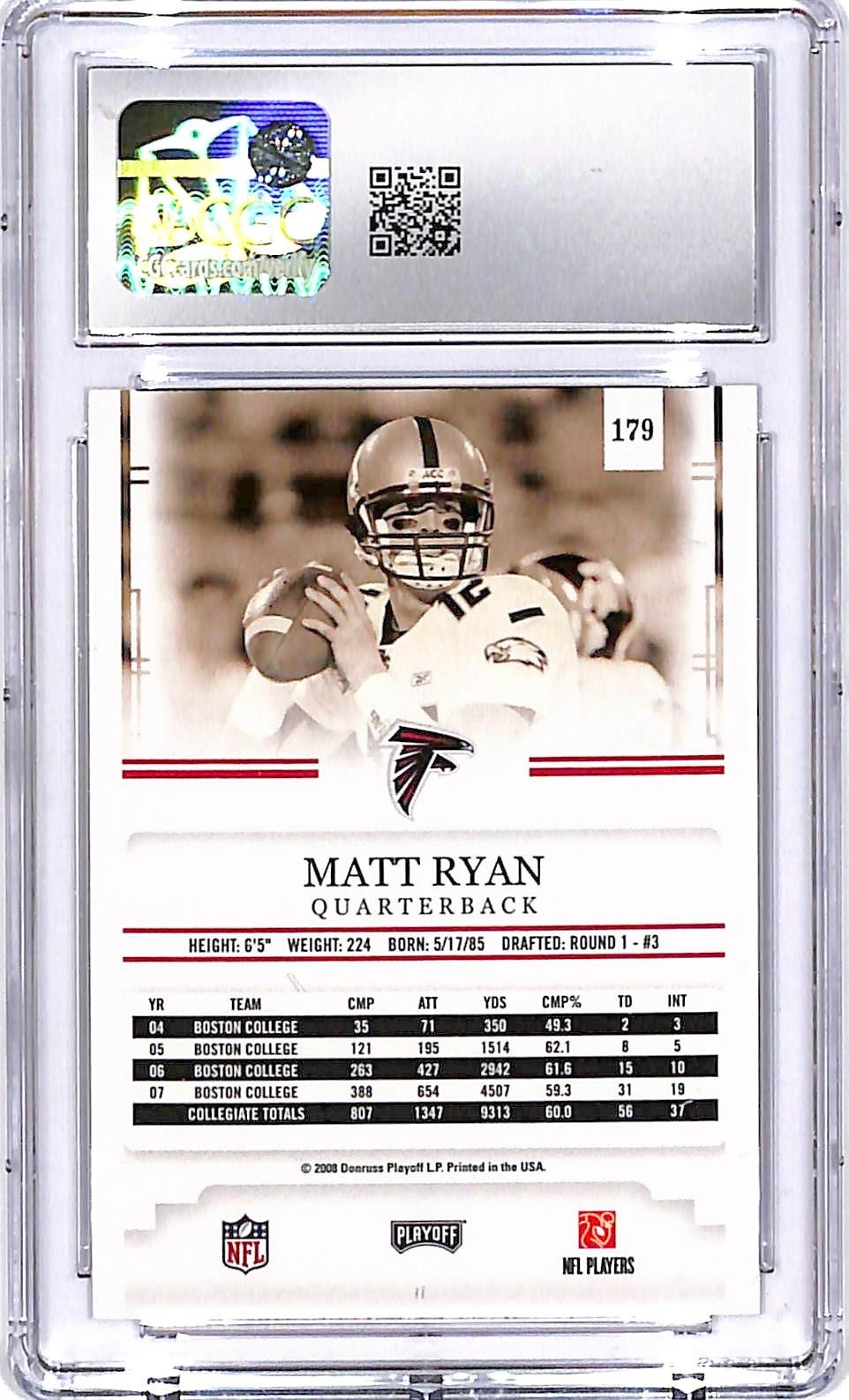 2008 Playoff Prestige Matt Ryan Rookie RC #179 CGC 10 Falcons