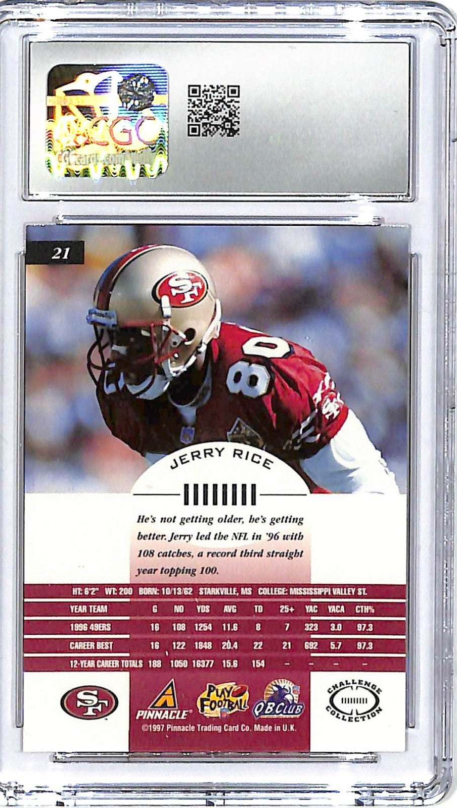 1997 Pinnacle Inscriptions Jerry Rice Challenge Collection #21 CGC 10 49ers