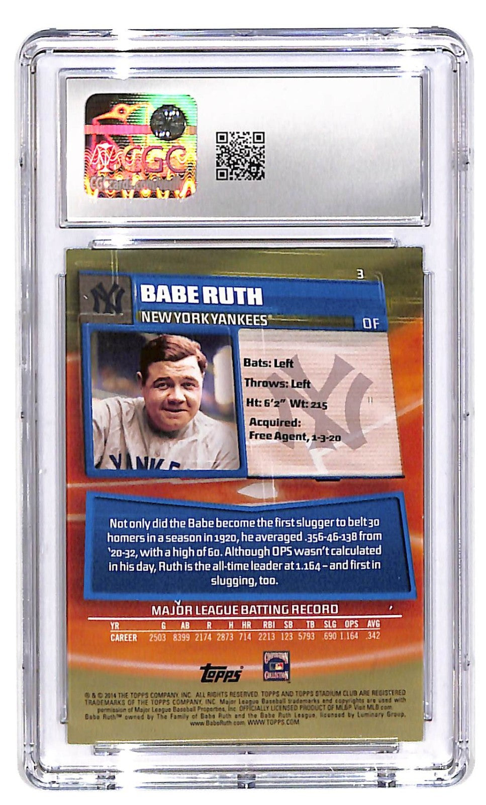 2014 Babe Ruth Topps Stadium Club - #3 CGC Mint Plus 9.5