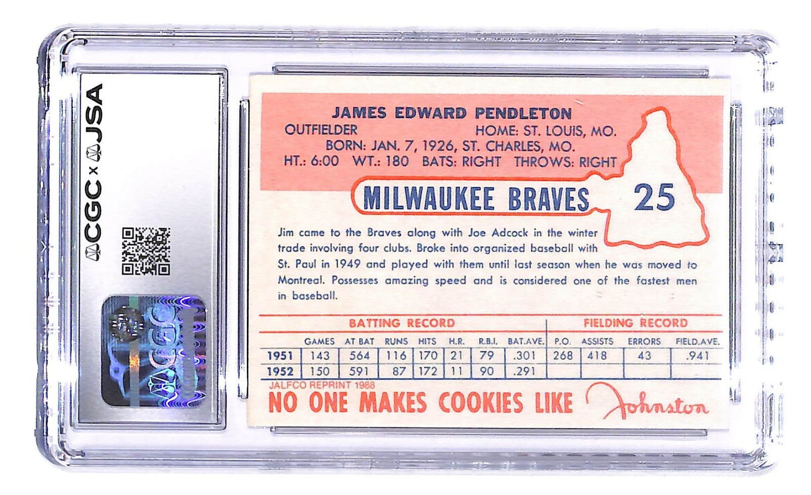 Signed 1988 JALFCO '53 Reprints Johnston Cookies #25 Jim Pendleton CGC 7/9 Auto