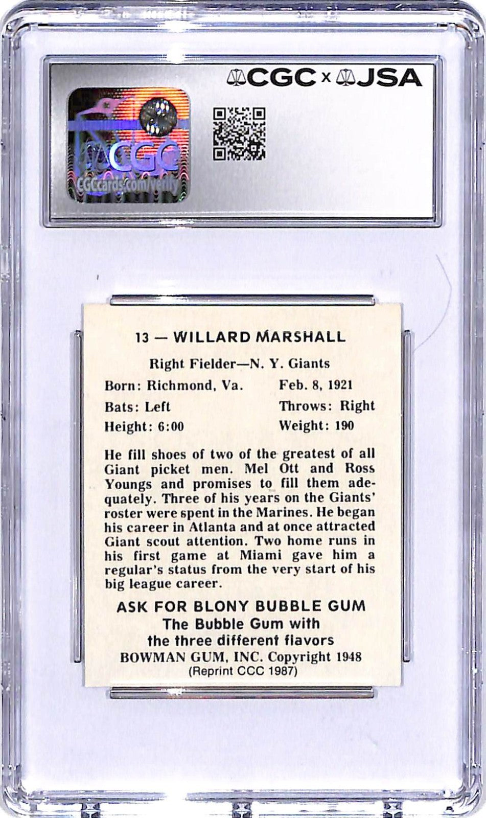 Signed 1987 CCC 1948 Bowman Reprints Willard Marshall #13 CGC 9/10 Autograph