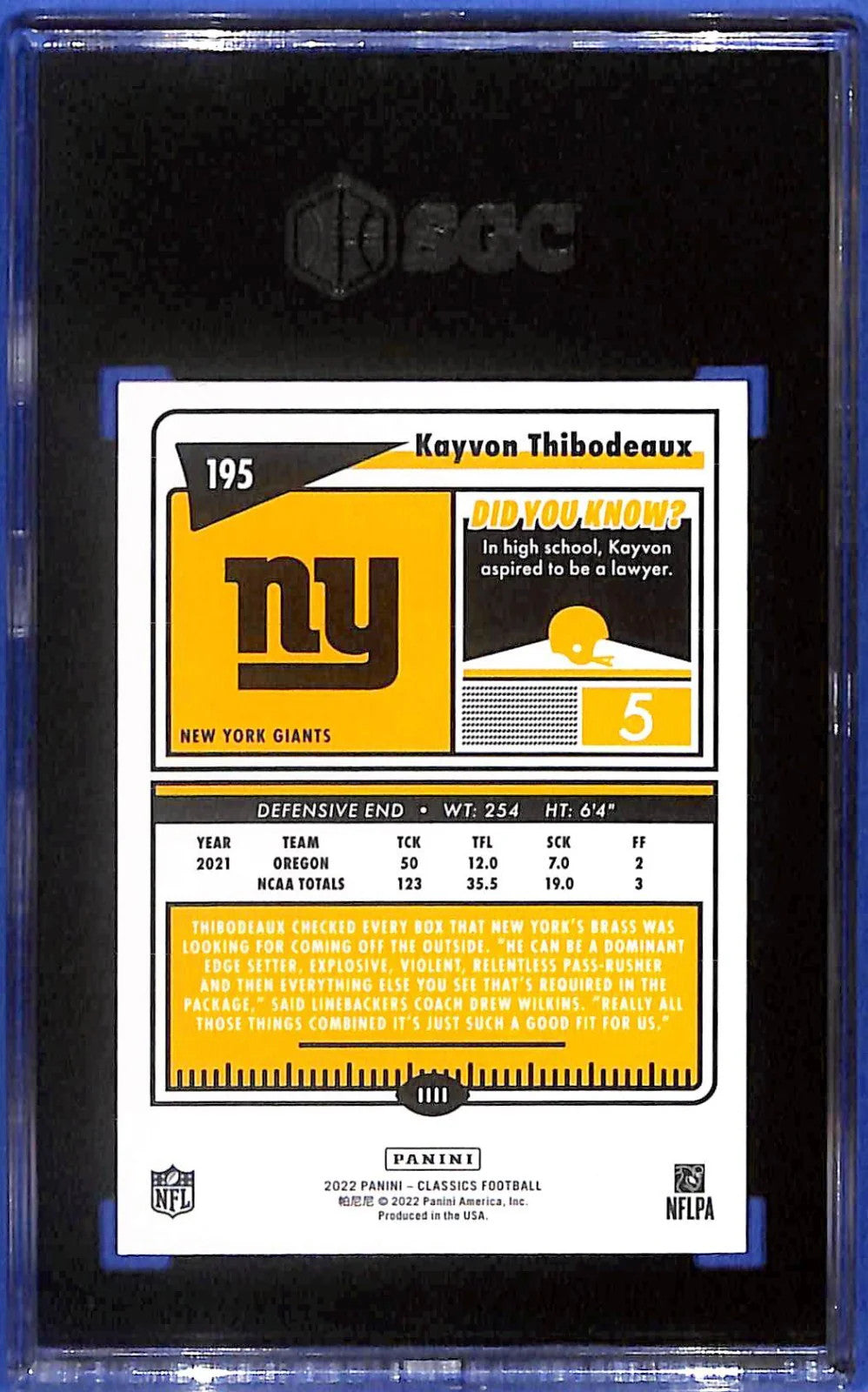 2022 Kayvon Thibodeaux Panini Classic Rookie #195 Timeless Red /75 SGC 8.5 (RC)