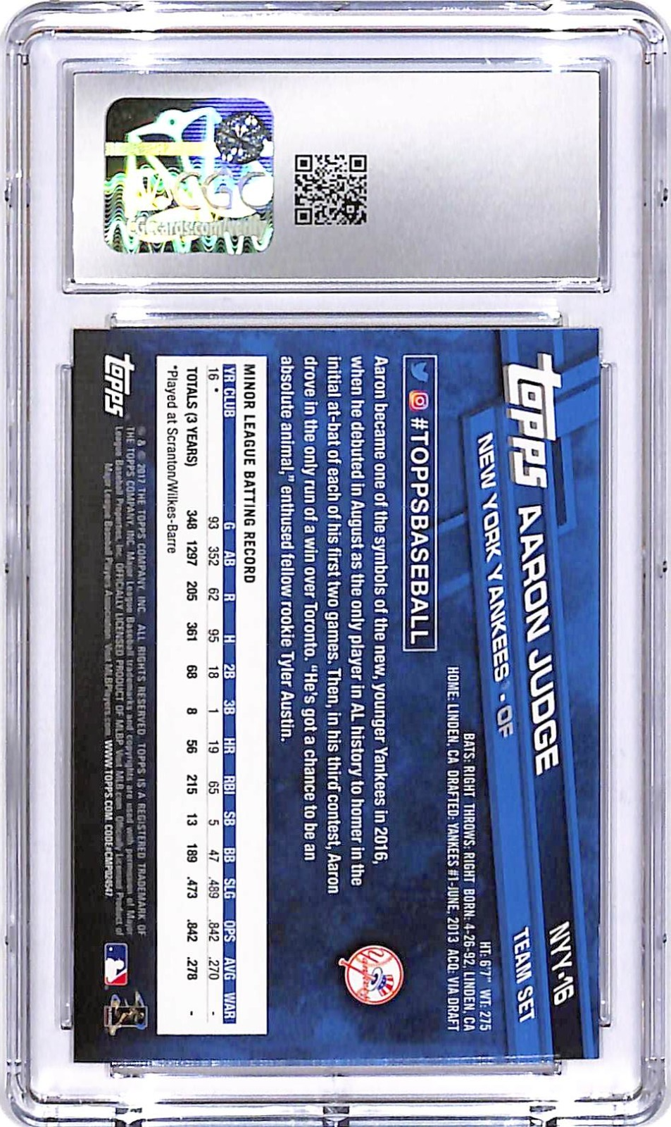 2017 Topps New York Yankees Team Set Aaron Judge Rookie RC #16 CGC 9