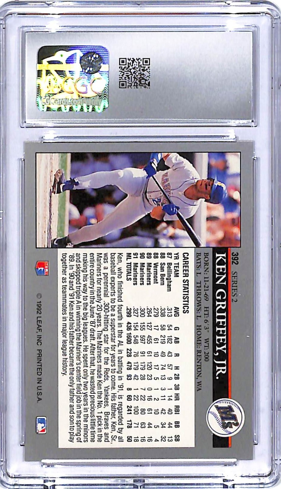 1992 Leaf Ken Griffey Jr #392 CGC 9 Mariners