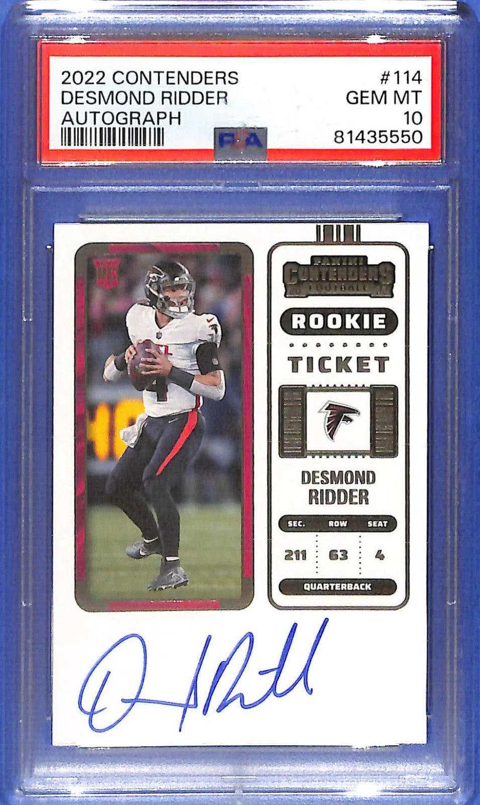 2022 Contenders Desmond Ridder Auto Autograph Rookie RC PSA 10 #114 Falcons