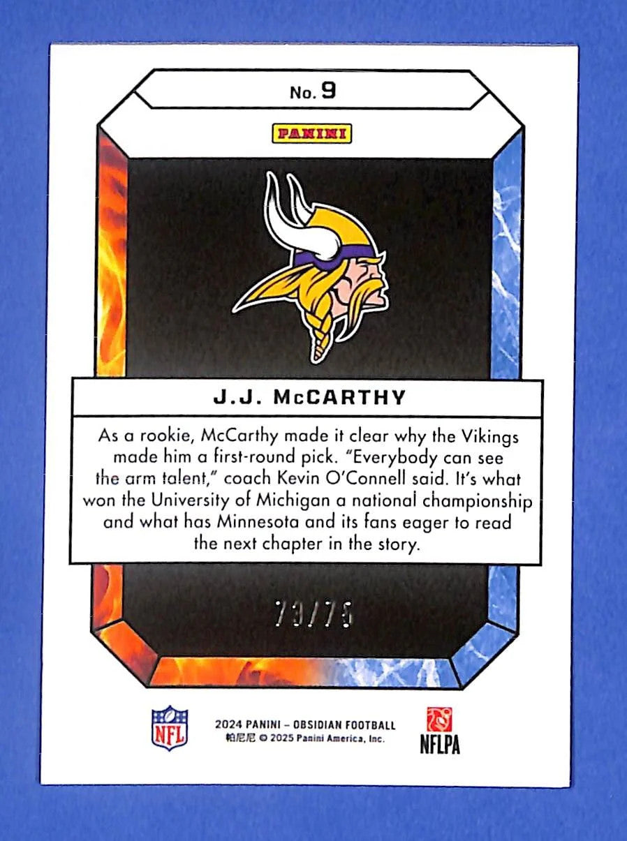 2024 Panini Obsidian Fire and Ice J.J. McCarthy #9 Red #73/75 (RC) Vikings