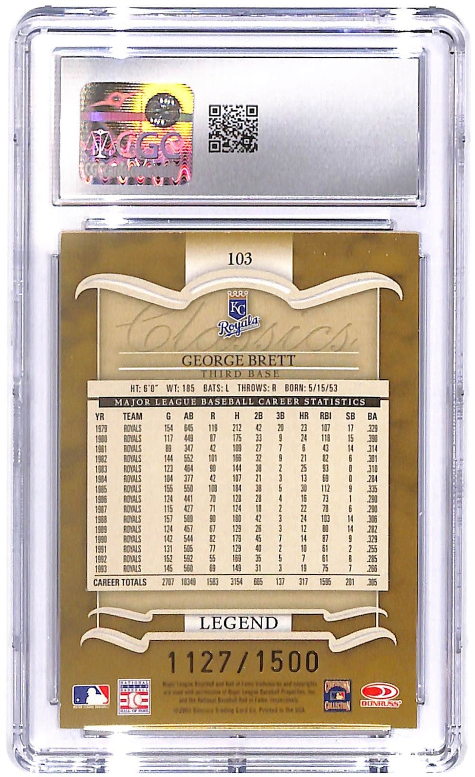 2003 George Brett Donruss Classics - Legend #1127/1500 #103 CGC Mint Plus 9.5