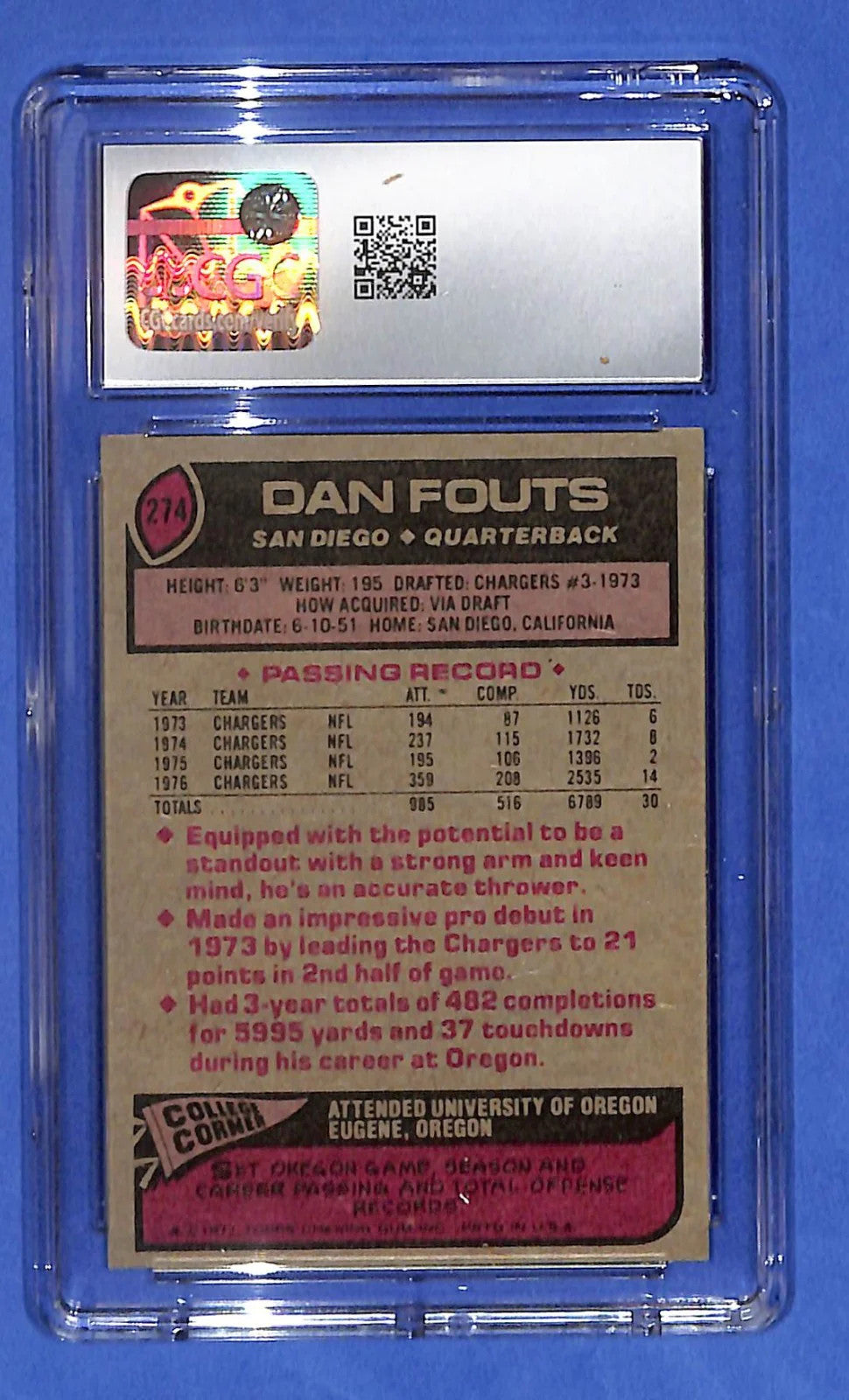 1977 Topps - Dan Fouts #274 CGC NM/MINT 8 - San Diego Chargers