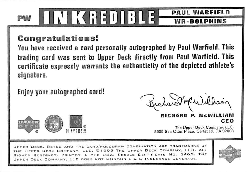 1999 Upper Deck Retro Paul Warfield Auto Autograph Inkcredible Dolphins