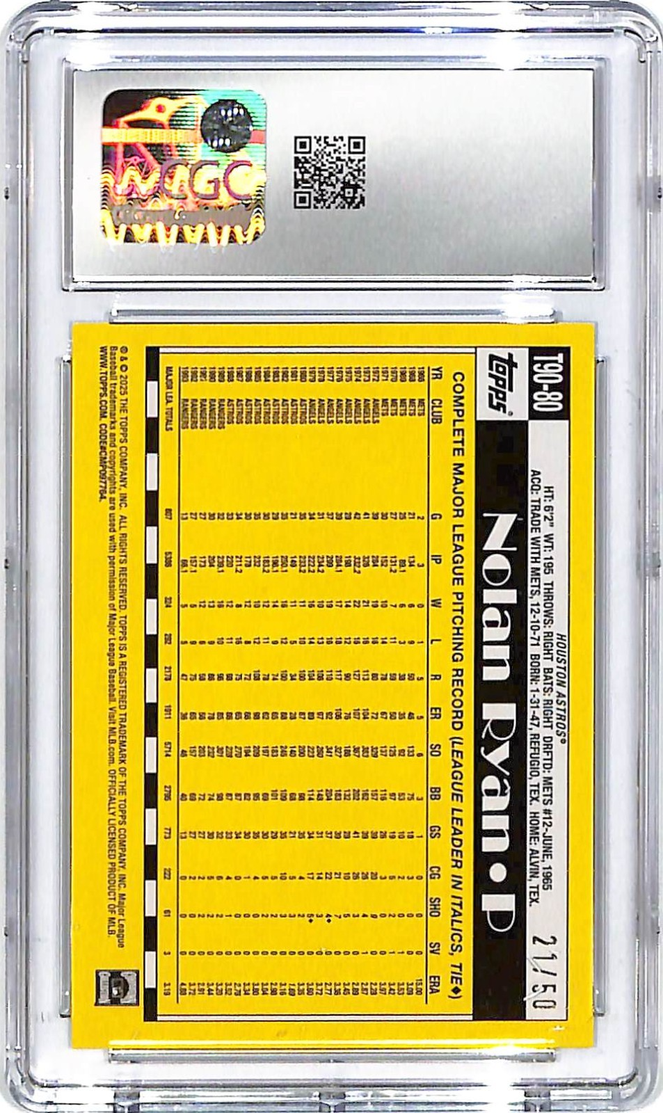 2025 Topps Nolan Ryan 90 Topps Throwback Gold Crackle Foilboard /50 CGC 9 T90-80