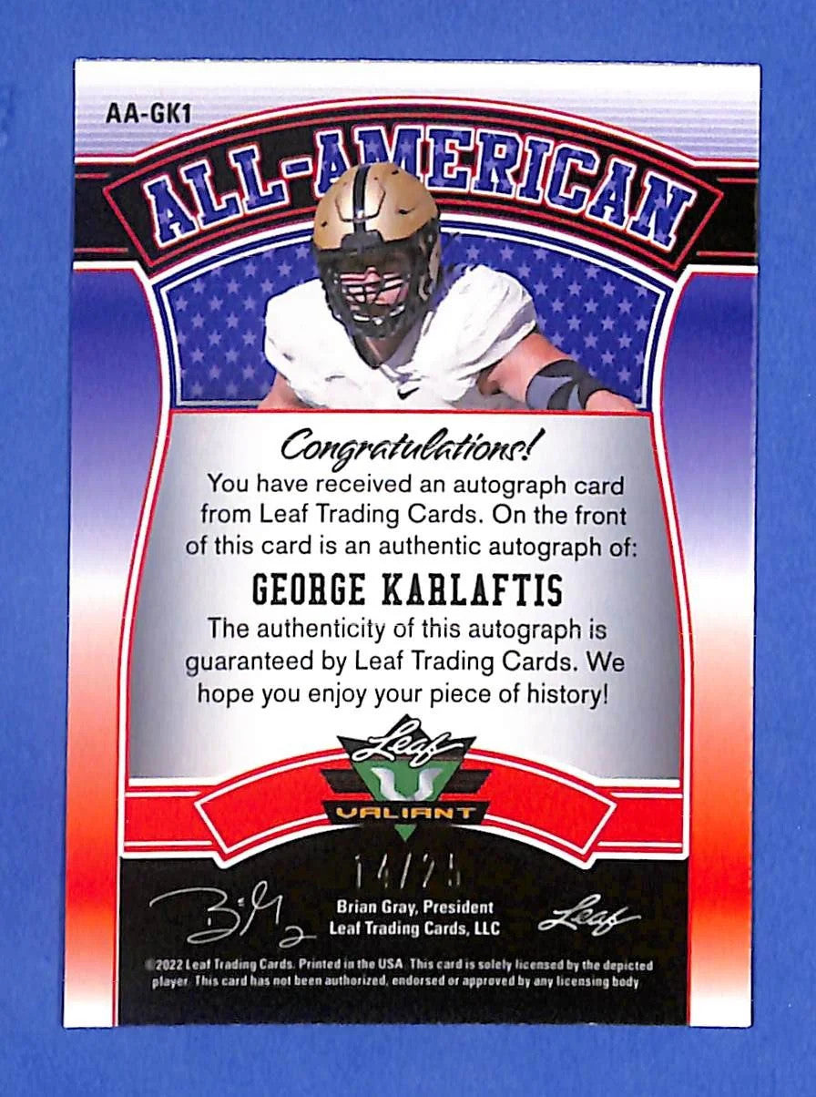 2022 Leaf Valiant - All-American George Karlaftis #AA-GK1 Orange #14/25 (AU, RC)