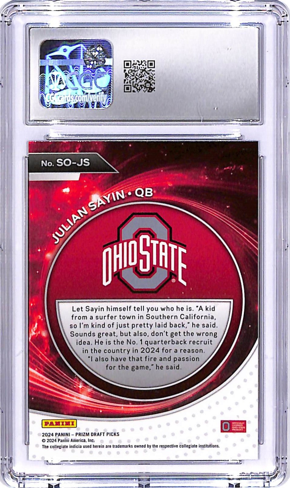 2024 Prizm Draft Picks Julian Sayin Rookie RC Student Orientation CGC 10