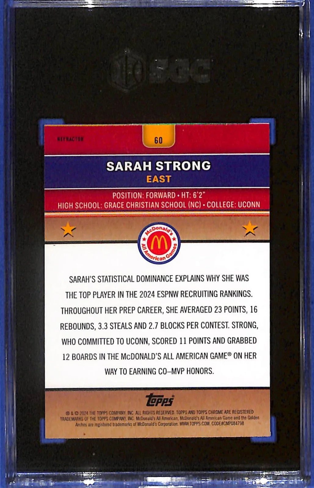 2024 Topps Chrome Mcdonald's All American Sarah Strong #60 Refractor (RC) SGC 9