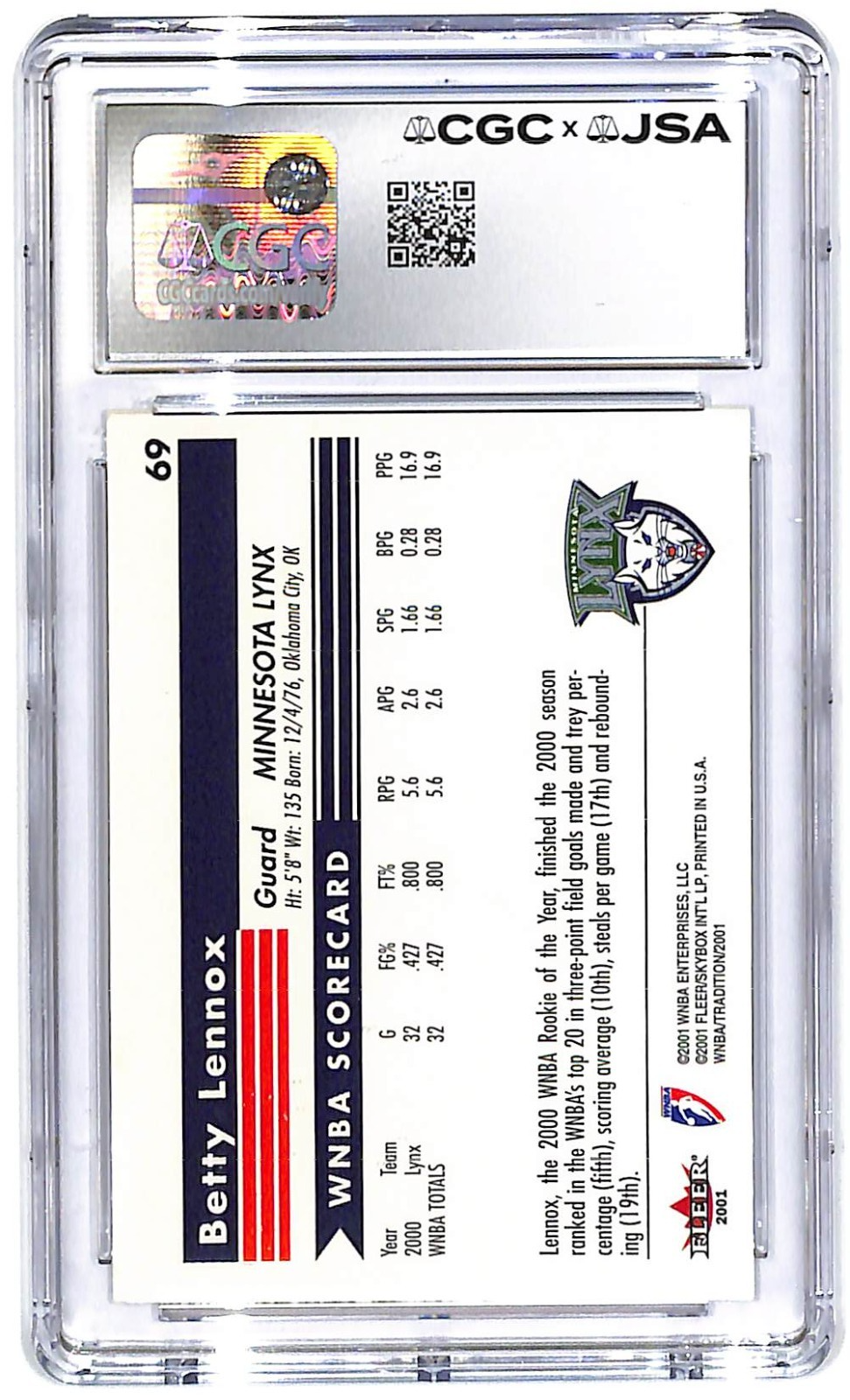 2001 Betty Lennox Fleer Tradition WNBA Autograph #69 CGC 8 -JSA Auto 9