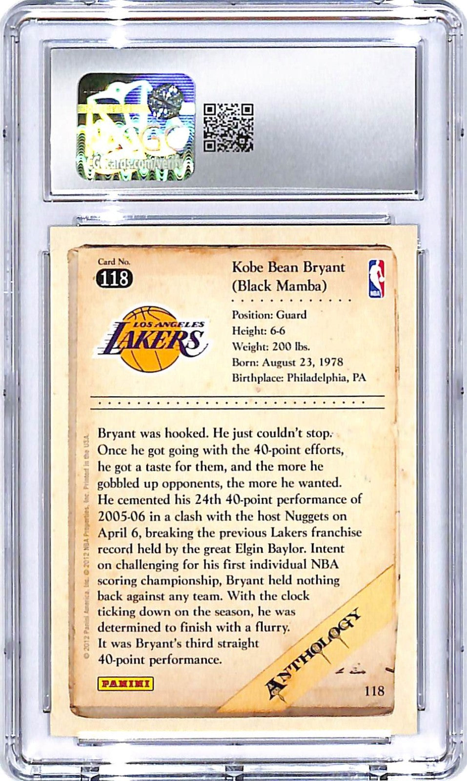2012-13 Kobe Anthology Kobe Bryant #118 CGC 9.5 Lakers