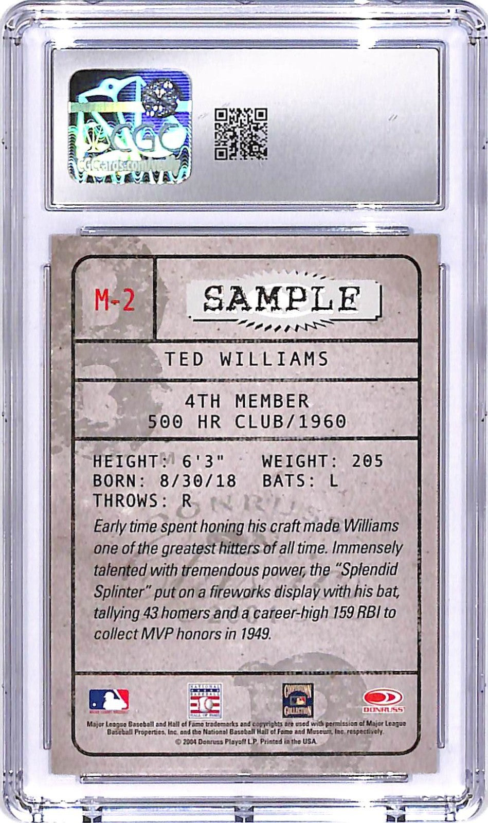 2004 Donruss Classics Ted Williams Membership Sample CGC 9.5 Red Sox