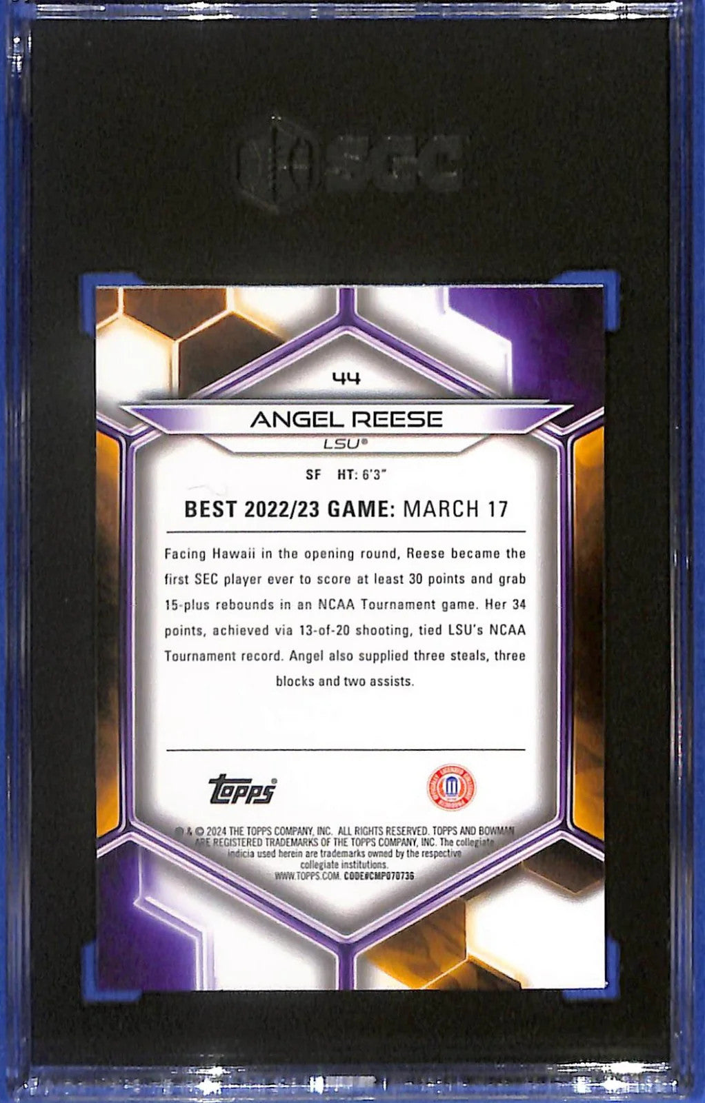 2023-24 Bowman University Best - Angel Reese #44 (RC) SGC 9.5 MT+ LSU Tigers