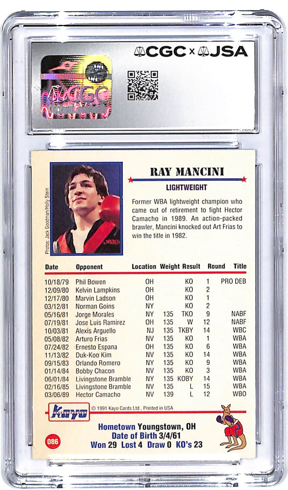 1991 Ray Mancini Kayo Autograph #086 CGC - JSA Auto 9