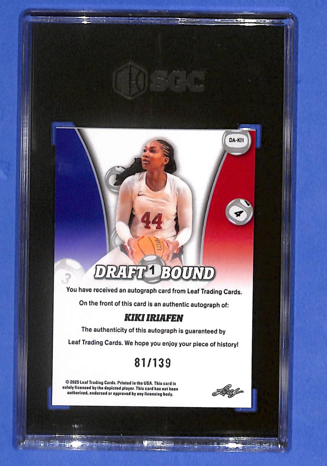 2025 Leaf WNBA Draft Bound Kiki Iriafen #DA-KI1 Rookie Auto #/139 SGC 10
