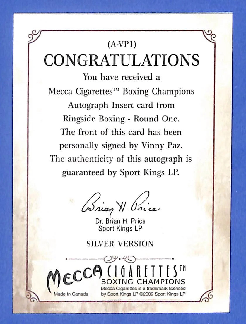 2009 Vinny Paz Sport Kings LP Mecca Cigarettes Autograph Silver Version A-VP1
