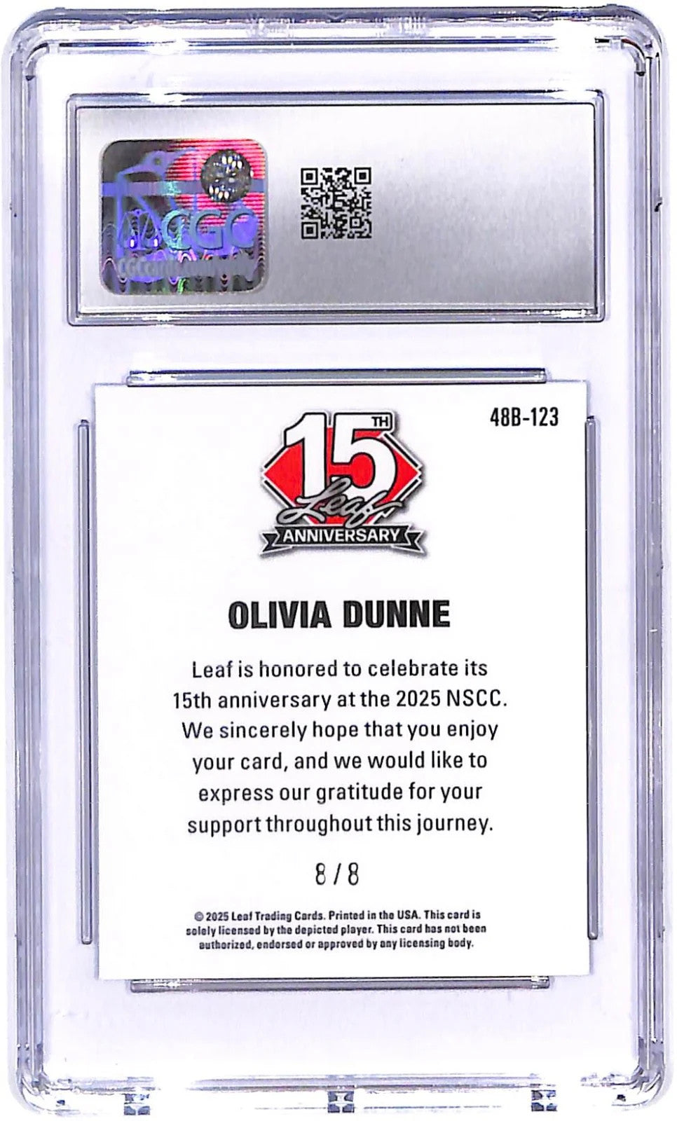 2025 Olivia Dunne Leaf 15th Anniversary '48 Leaf #48B-123 Pink Shimmer CGC 9.5