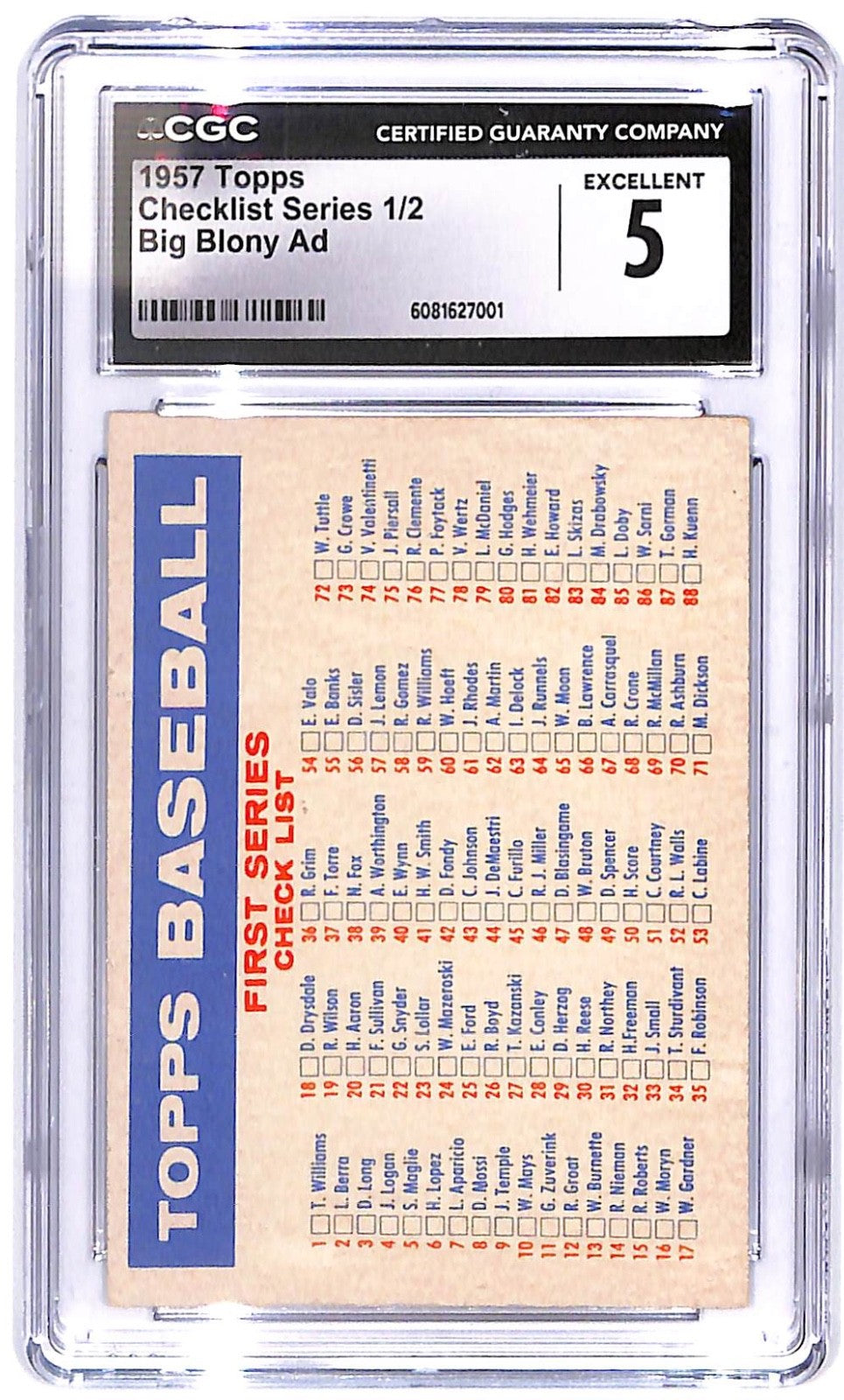 1957 Checklists 1st Series Checklist Topps - (1-176) Blony Back CGC Excellent 5