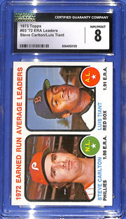 1973 Topps League Leaders Steve Carlton (HOF), Luis Tiant #65 CGC 8 NT/MT