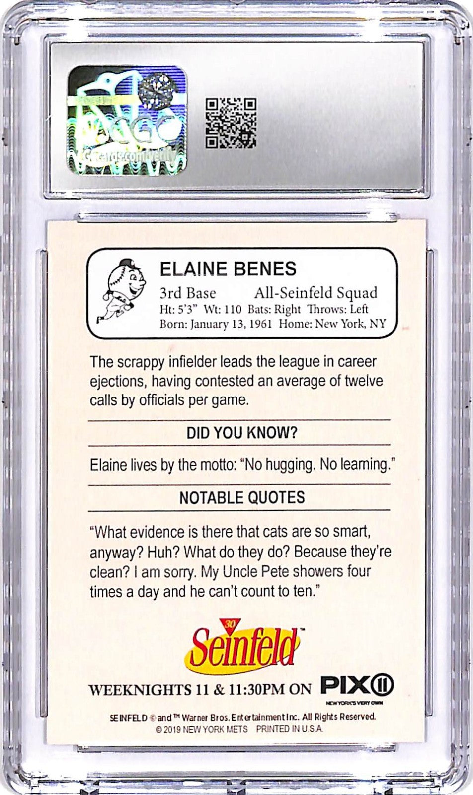 2019 New York Mets X Seinfeld Elaine Benes Stadium Giveaway Anniversary CGC 9
