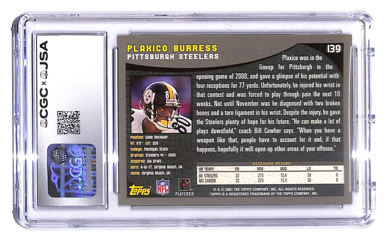 Signed 2001 Topps Collection #139 Plaxico Burress CGC 8/Auto 8 Steelers