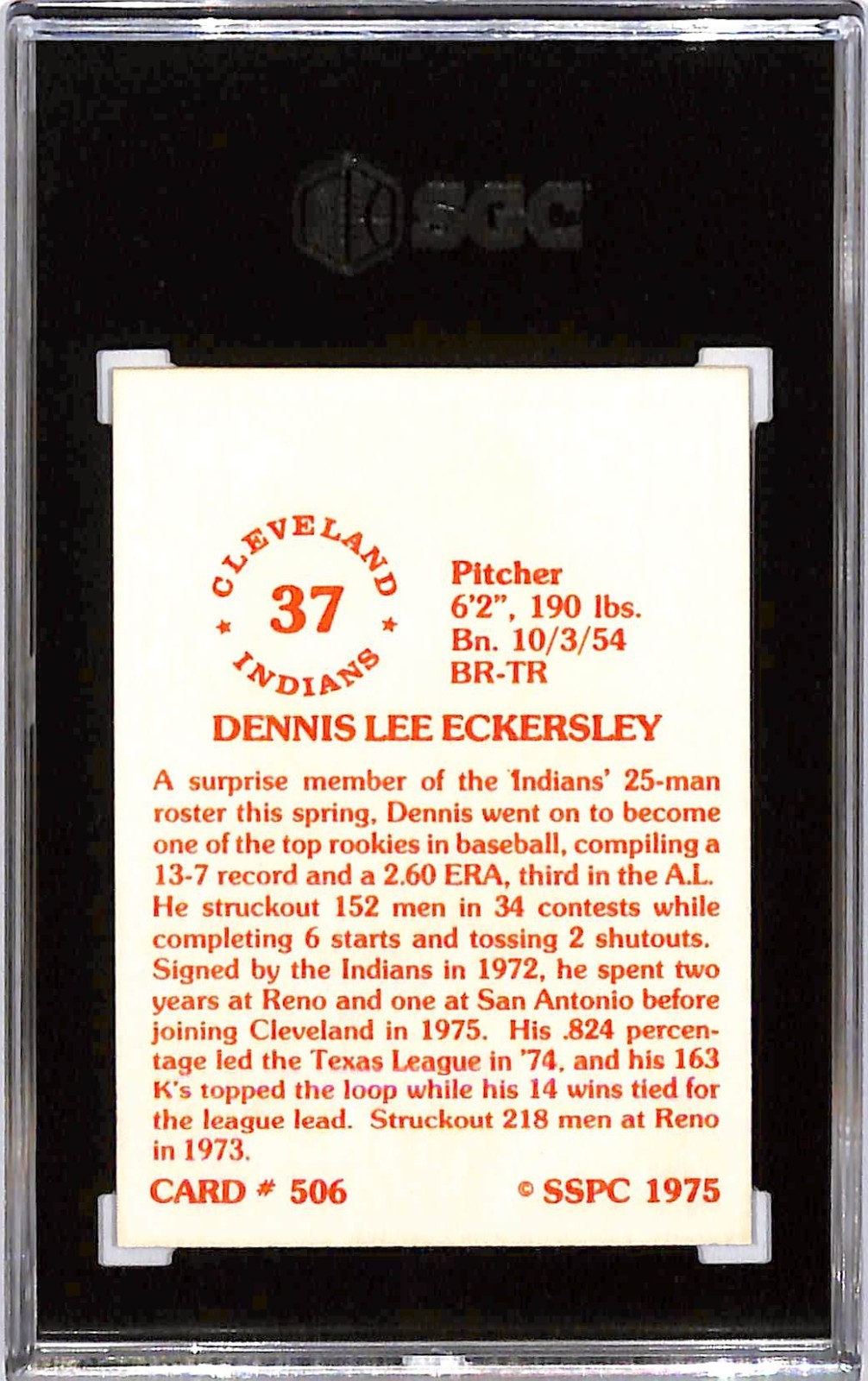 1976 SSPC - Dennis Eckersley #506 (RC) SGC 9.5 Cleveland Indians (HOF)