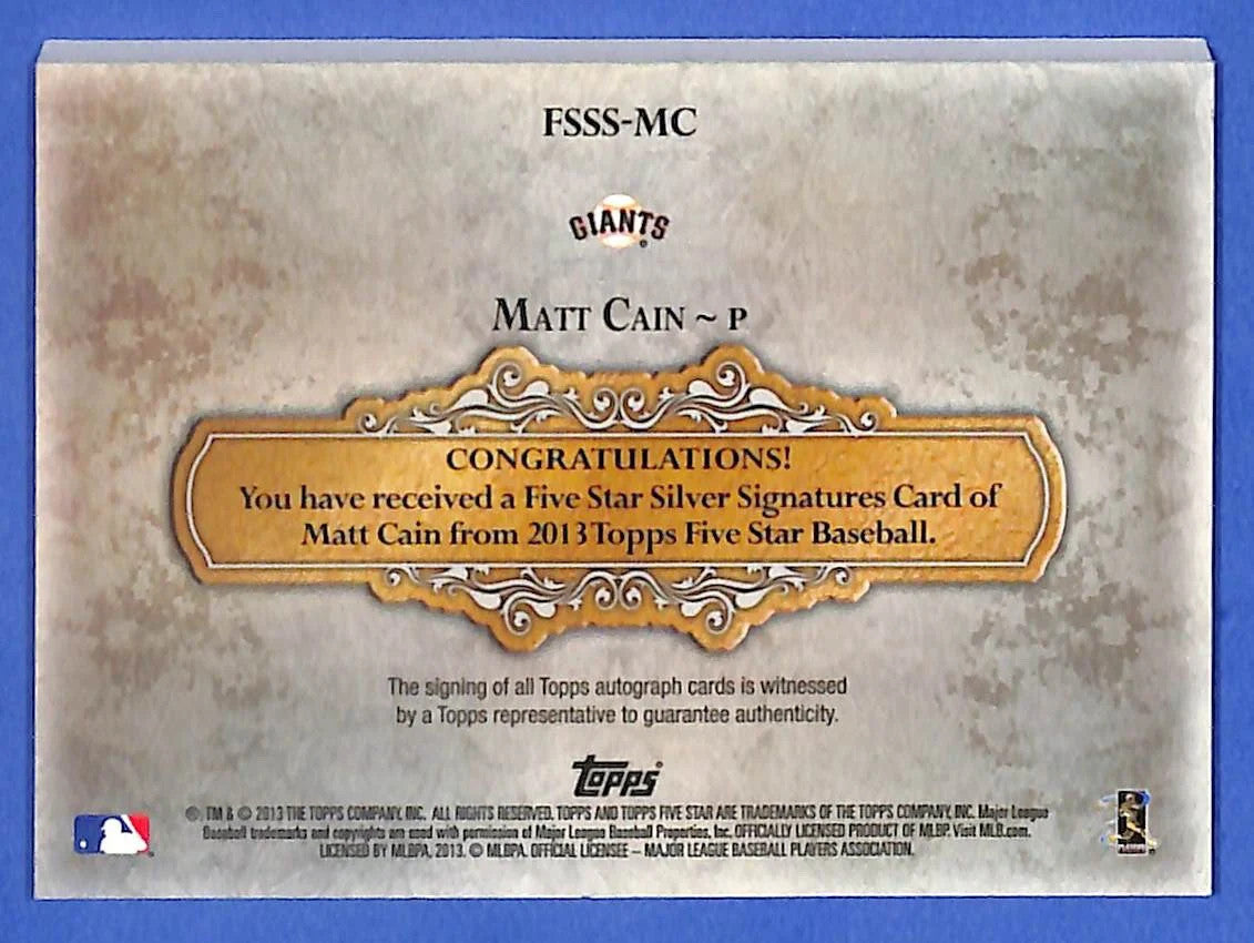 2013 Matt Cain Topps Five Star Silver Signatures FSSS-MC #60/65