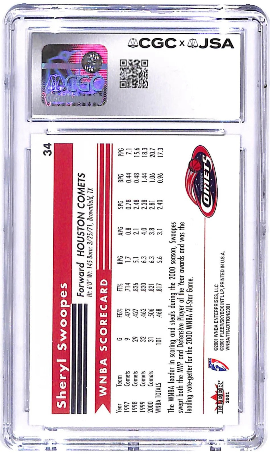 2001 Sheryl Swoopes Fleer Tradition WNBA AUTO #34 CGC - JSA Authentic Auto 8