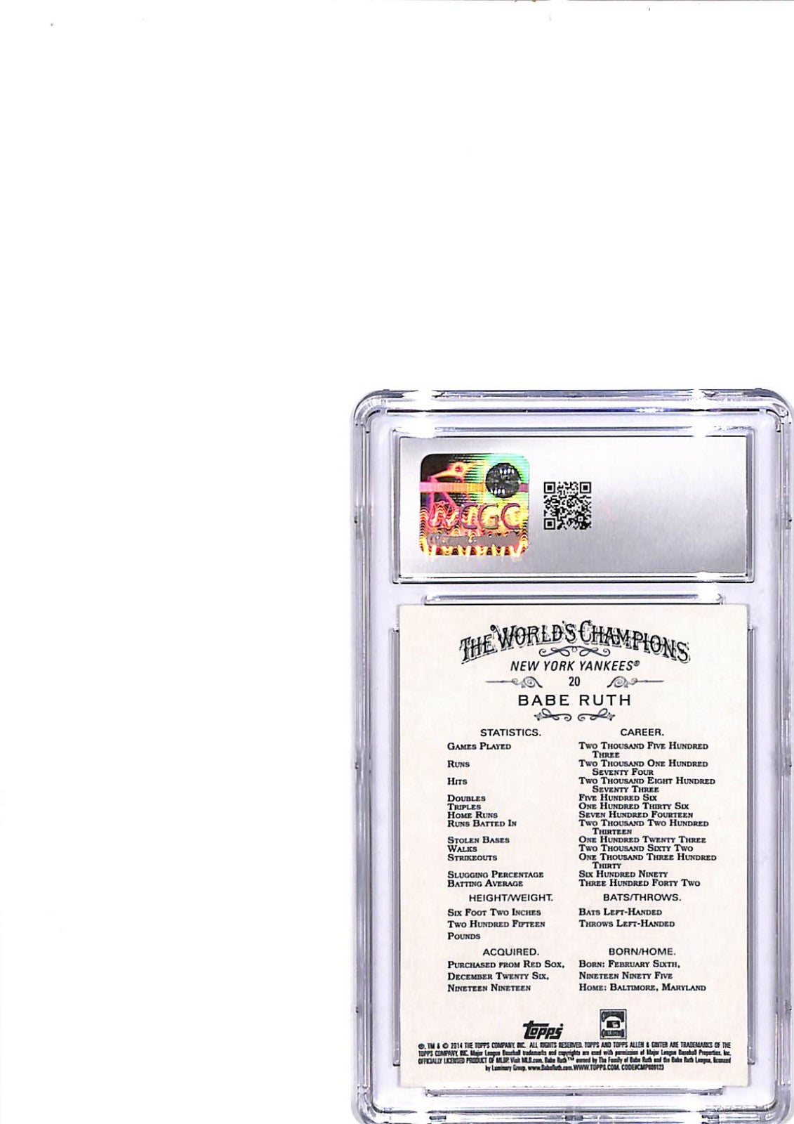2014 Topps Allen and Ginter Babe Ruth #20 CGC 10 Yankees
