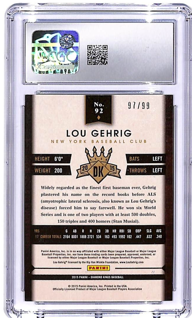 2015 DIamod Kings Lou Gehrig Silver /99 #92 CGC 9.5 Yankees