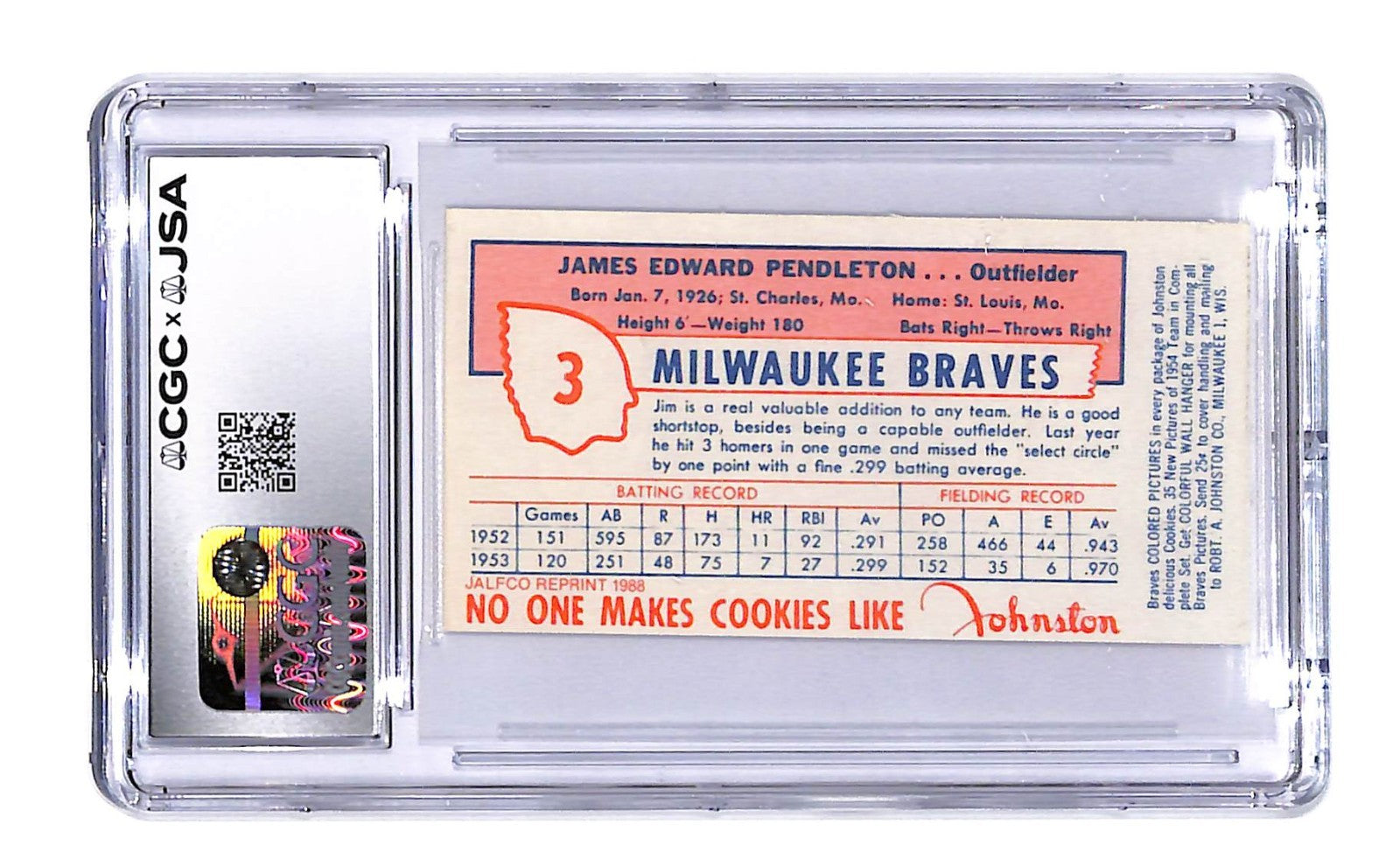 Signed 1988 JALFCO '54 Milwaukee Braves Reprints Jim Pendleton CGC Auth Auto 9